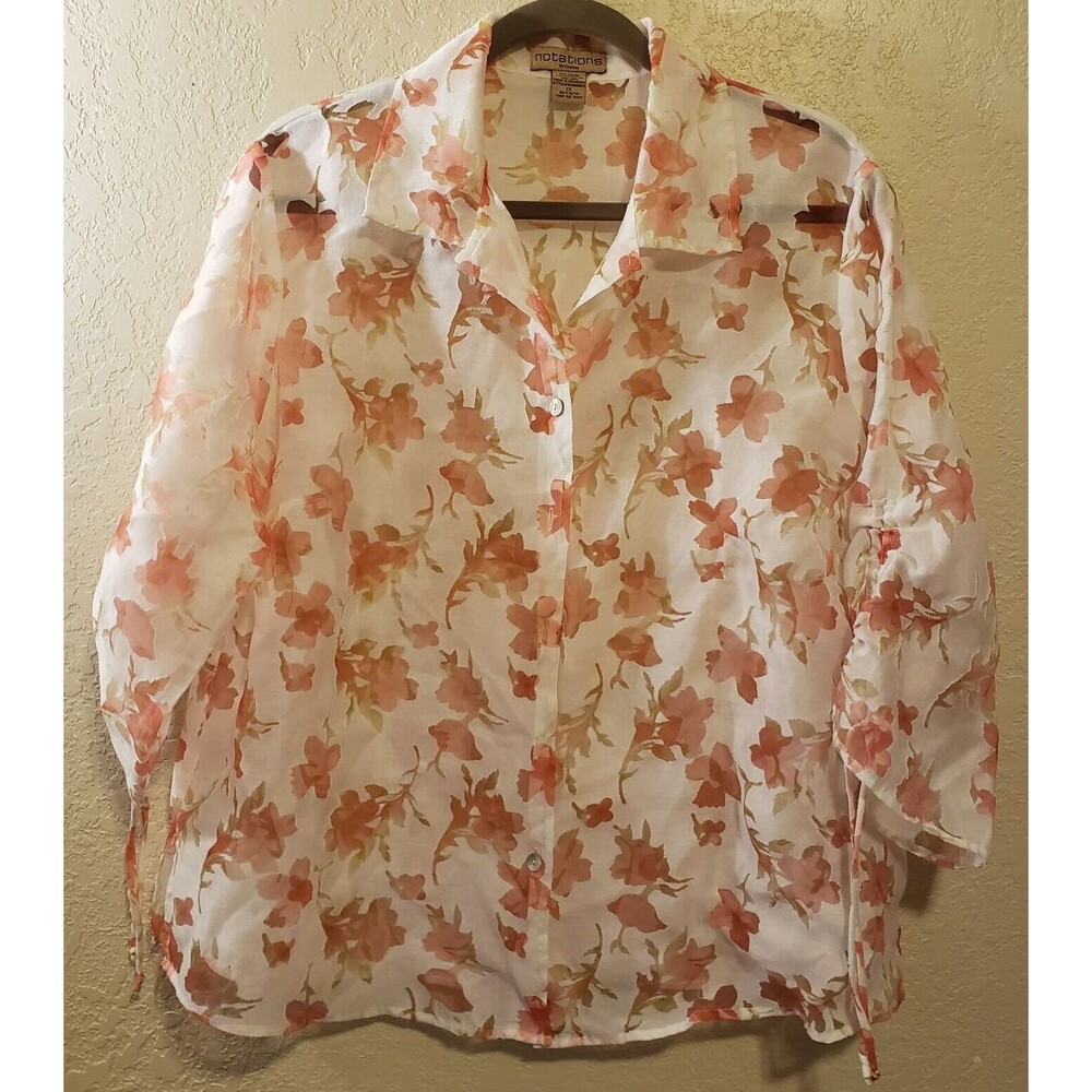 Notations Floral Womens Three Quarter Sleeve Sheer Blouse Sz 1X Button Down